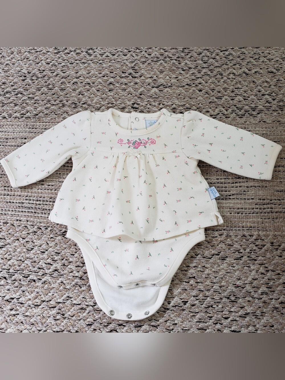 Y2K Peplum Ribbed Cream Floral Long Sleeve Baby One-Piece Embroidered Detail 3-6